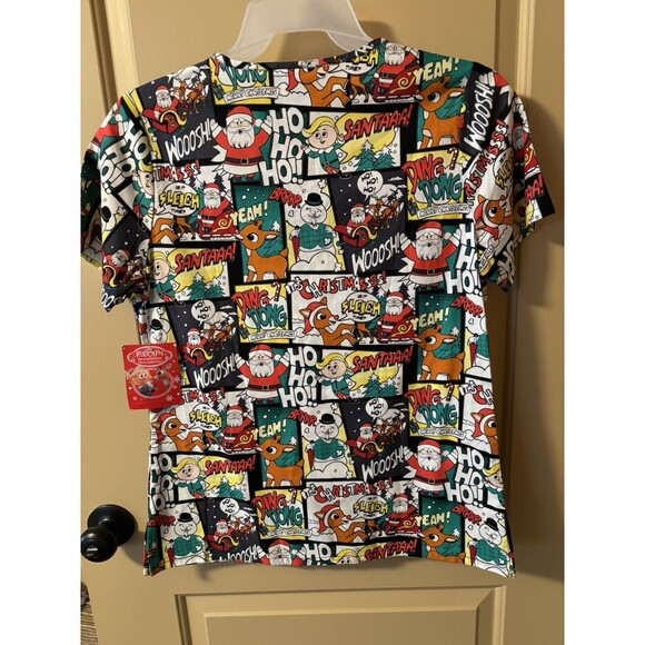 Christma Holiday Scrub Top Rudolph & Friend Multicolor S/S VNeck Size XSmall NWT - Picture 4 of 5